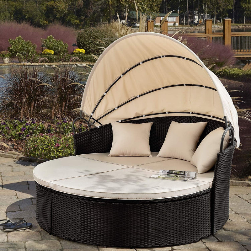 Patio Furniture Outdoor round Daybed with Retractable Canopy Wicker