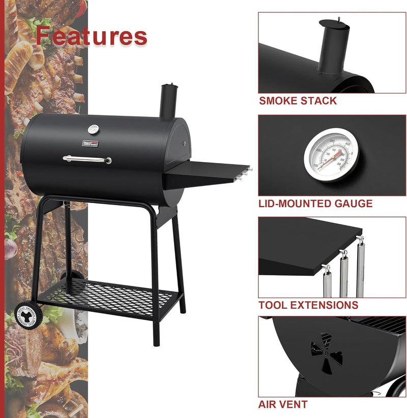 CC1830 30 Inch Barrel Charcoal Grill with Side Table, Outdoor BBQ